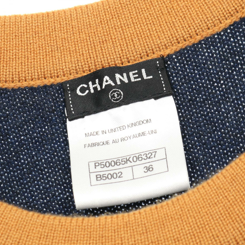 香奈兒 COCO 標誌紐帶連身裙針織衫 #36 P50065K 羊絨海軍藍黃色二手 CC-2