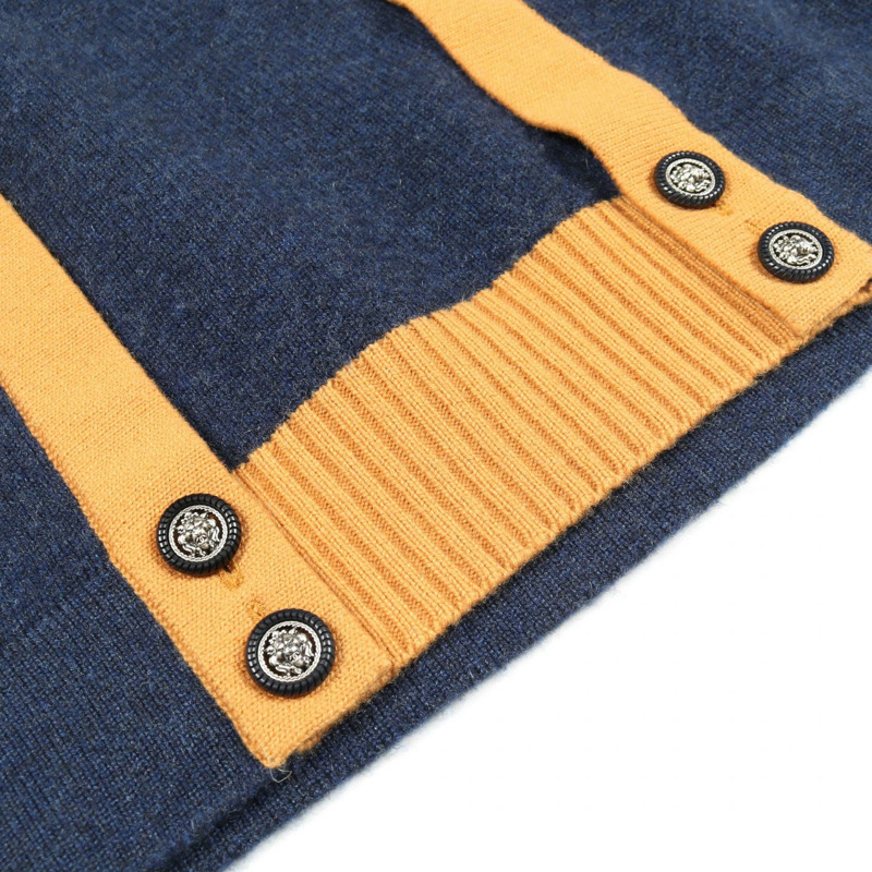 香奈兒 COCO 標誌紐帶連身裙針織衫 #36 P50065K 羊絨海軍藍黃色二手 CC-7