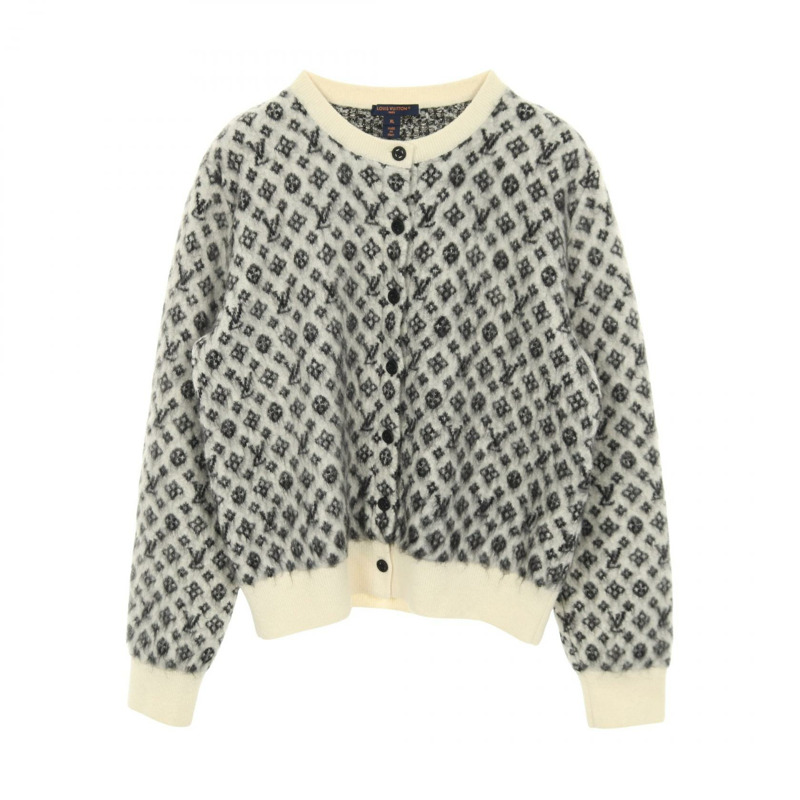路易威登 Monogram 羊毛尼龍馬海毛混紡拉絨開襟羊毛衫，米色、黑色、灰色，二手-0