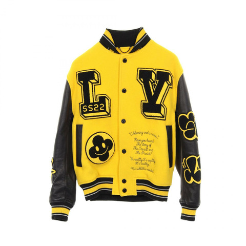 路易威登刺繡棒球夾克，羊毛皮革材質，黃色/黑色，二手男士款