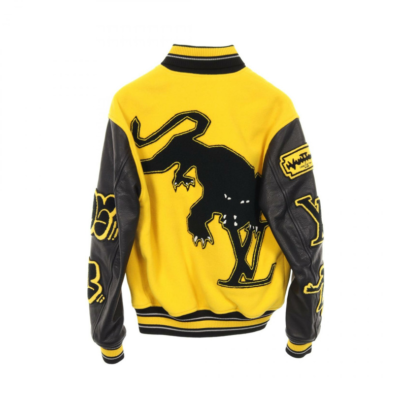 路易威登刺繡棒球夾克，羊毛皮革材質，黃色/黑色，二手男士款-1