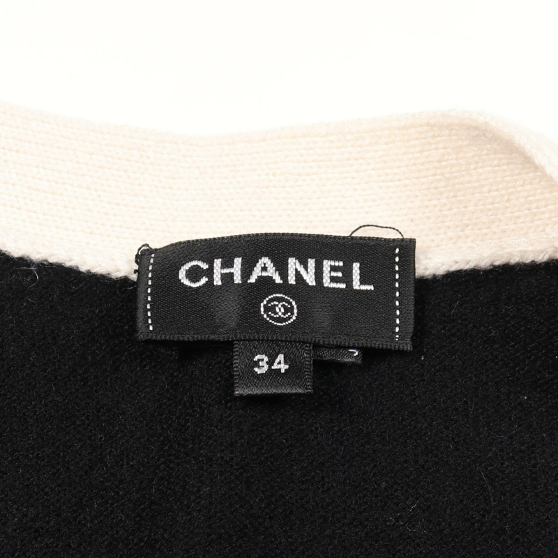 香奈兒 COCO 標誌紐扣針織開襟衫羊絨衫 白色 黑色 二手 女款 #34-2