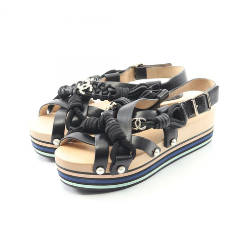 香奈兒 COCO 標誌高跟涼鞋 #36 黑色皮革二手女鞋 CC