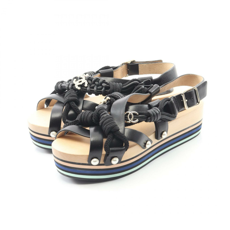 香奈兒 COCO 標誌高跟涼鞋 #36 黑色皮革二手女鞋 CC-0