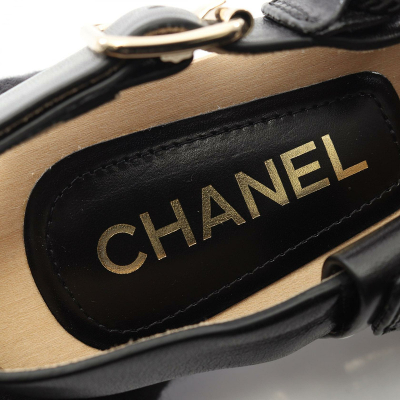 香奈兒 COCO 標誌高跟涼鞋 #36 黑色皮革二手女鞋 CC-4