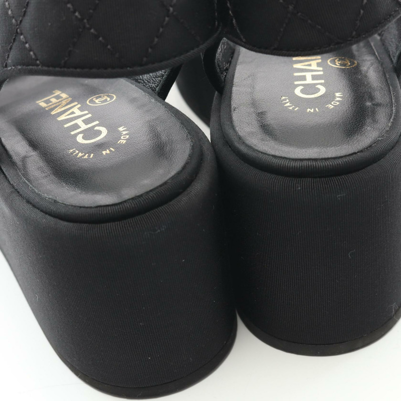 香奈兒 COCO Mark 絎縫厚底涼鞋 #38 羅緞黑色二手女鞋-6