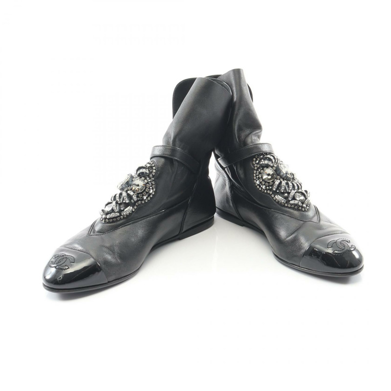 香奈兒 COCO 標誌短靴 鞋 #37 1/2 漆皮黑色二手女款 CC-2