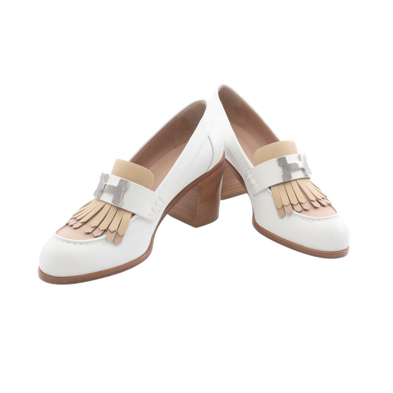 愛馬仕 Elysee 70 高跟樂福鞋 221066Z 皮革 白色 米色 二手 #36 1/2-2