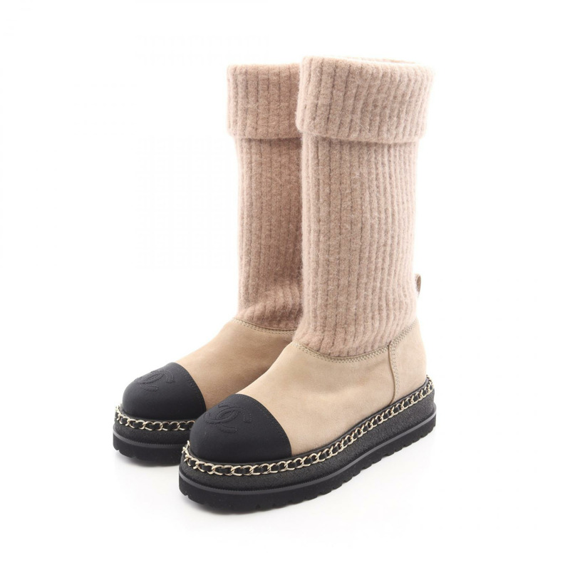 香奈兒 COCO 標誌短靴 #36C 麂皮絨布料 米色 黑色 二手 女款-0