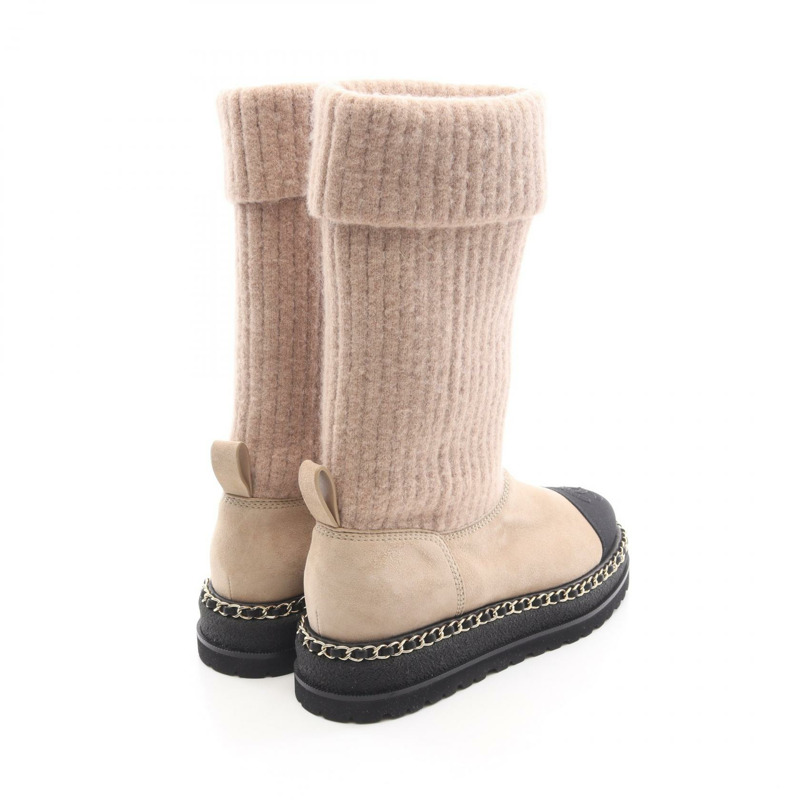 香奈兒 COCO 標誌短靴 #36C 麂皮絨布料 米色 黑色 二手 女款-1