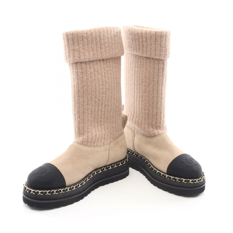 香奈兒 COCO 標誌短靴 #36C 麂皮絨布料 米色 黑色 二手 女款-2