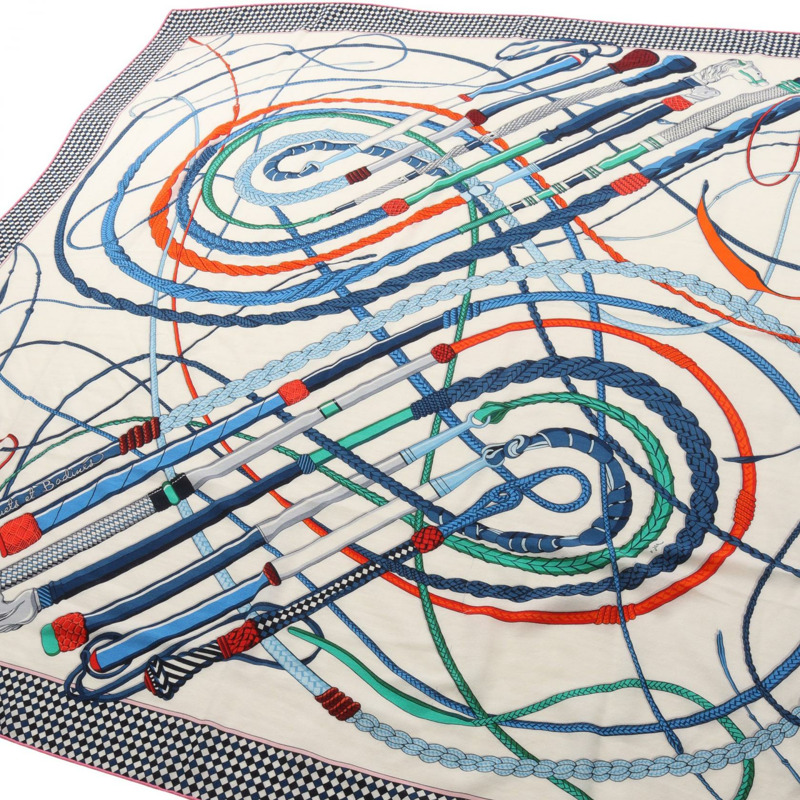 HERMES Carre 140 Fouets et Badines 圍巾 echarpe 絲綢羊絨米色海軍藍二手-1