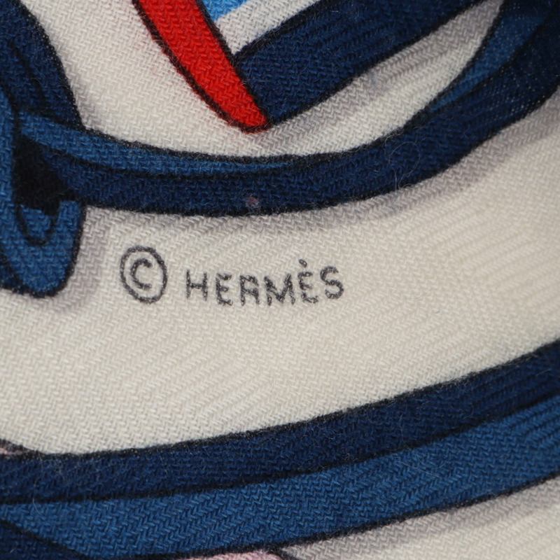 HERMES Carre 140 Fouets et Badines 圍巾 echarpe 絲綢羊絨米色海軍藍二手-2