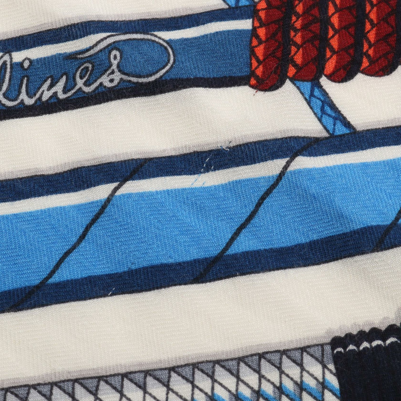 HERMES Carre 140 Fouets et Badines 圍巾 echarpe 絲綢羊絨米色海軍藍二手-4