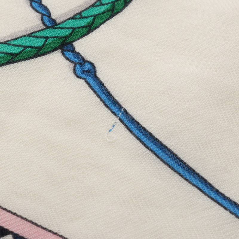 HERMES Carre 140 Fouets et Badines 圍巾 echarpe 絲綢羊絨米色海軍藍二手-6