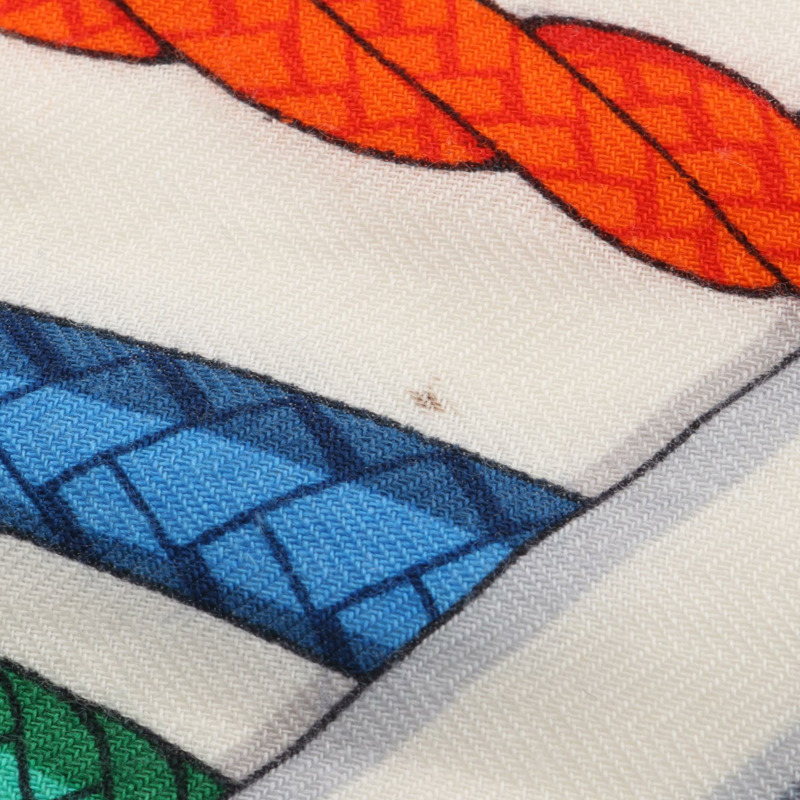 HERMES Carre 140 Fouets et Badines 圍巾 echarpe 絲綢羊絨米色海軍藍二手-8