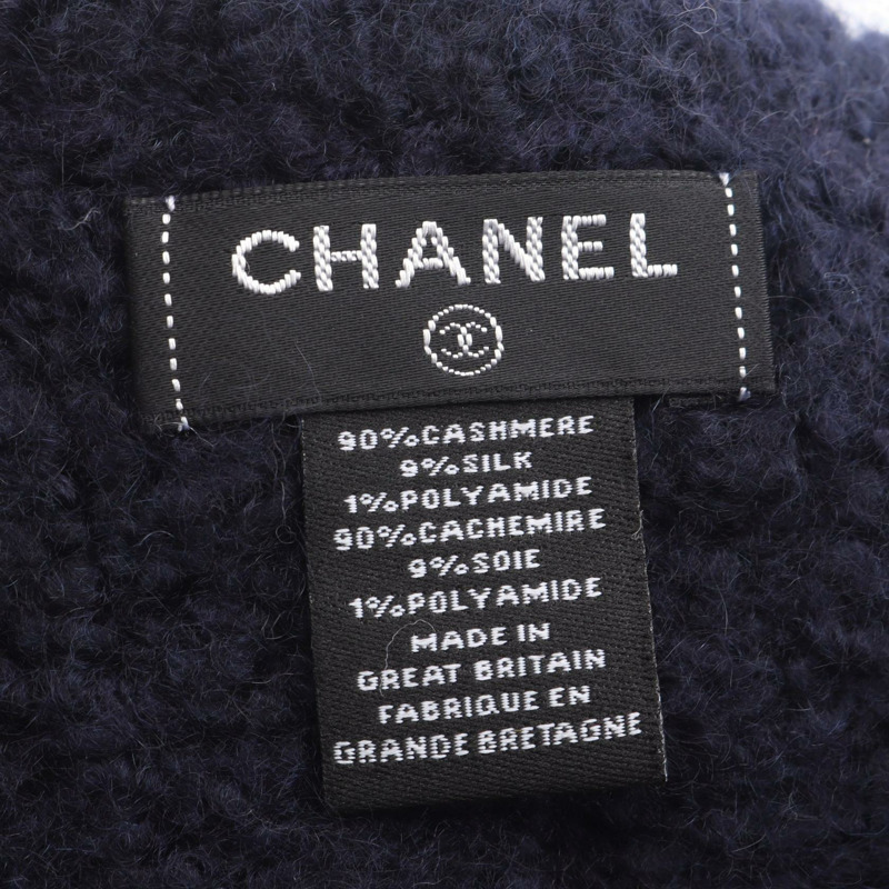 香奈兒 COCO 標誌絲巾，絲質羊絨混紡，海軍藍，二手女款-2