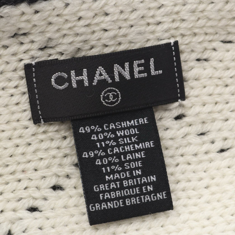 香奈兒 COCO 標誌圍巾披肩羊毛真絲羊絨黑色米色二手女款-1