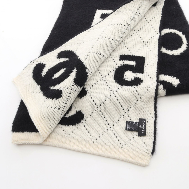 香奈兒 COCO 標誌圍巾披肩羊毛真絲羊絨黑色米色二手女款-2