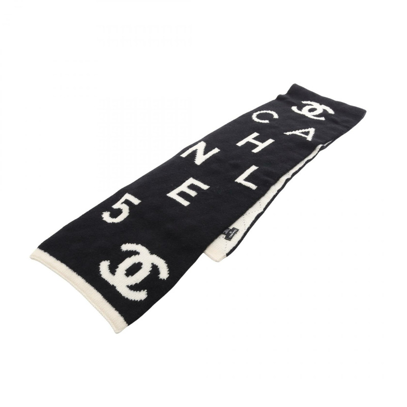 香奈兒 COCO 標誌圍巾披肩羊毛真絲羊絨黑色米色二手女款-3