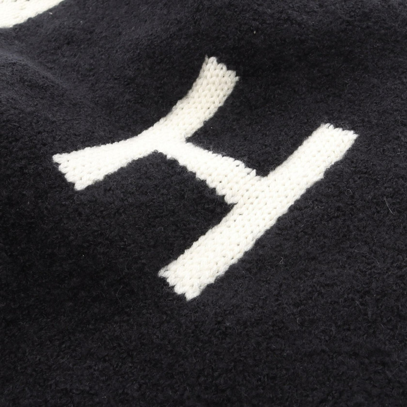 香奈兒 COCO 標誌圍巾披肩羊毛真絲羊絨黑色米色二手女款-4