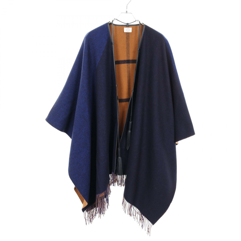 愛馬仕羊毛羊絨披肩大衣，海軍藍棕色，二手女款-0