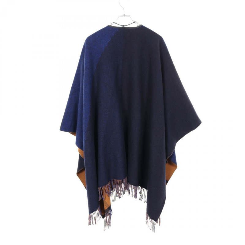 愛馬仕羊毛羊絨披肩大衣，海軍藍棕色，二手女款-1