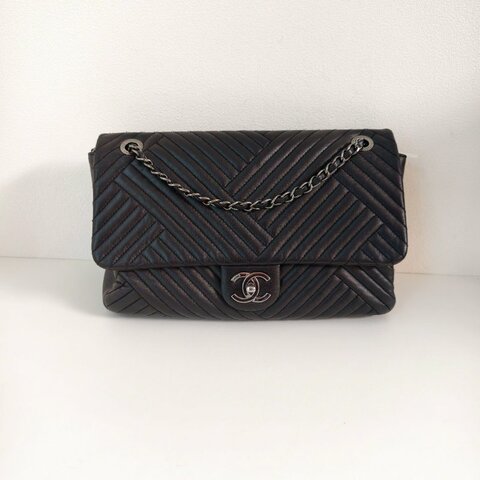 香奈兒/Chanel 羊皮CF中號黑銀腋下鏈條包