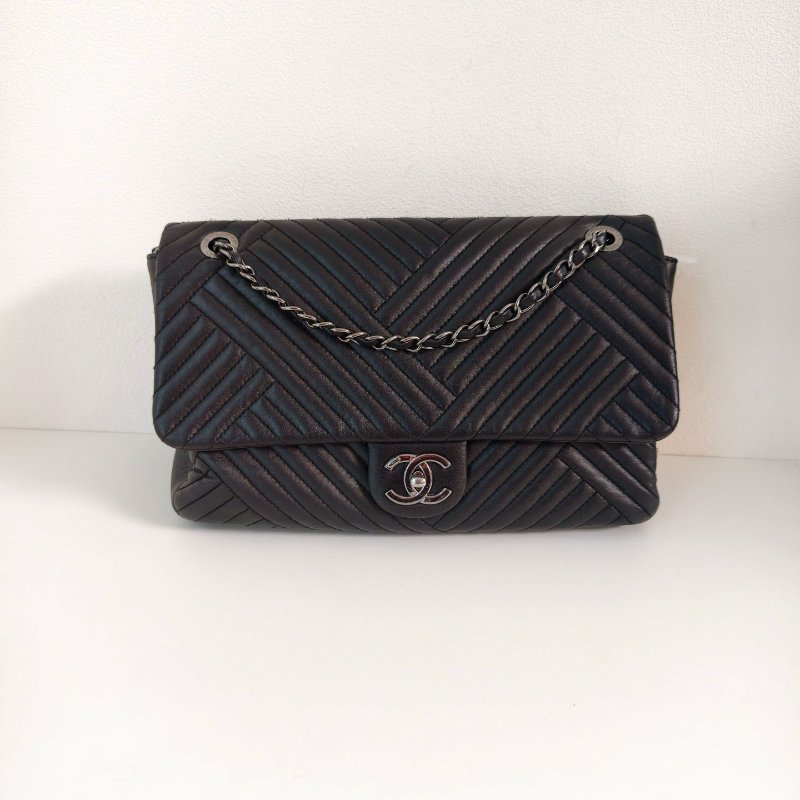 香奈兒/Chanel 羊皮CF中號黑銀腋下鏈條包-6