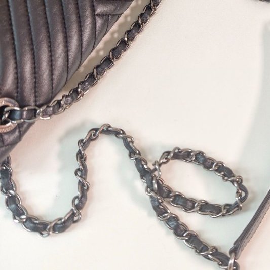 香奈兒/Chanel 羊皮CF中號黑銀腋下鏈條包-10