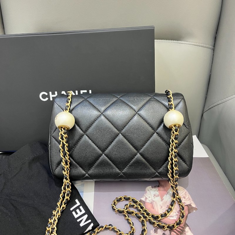 芯片款 香奈兒/Chanel 黑金羊皮雙珍珠湯圓大mini方胖子鏈條包-1