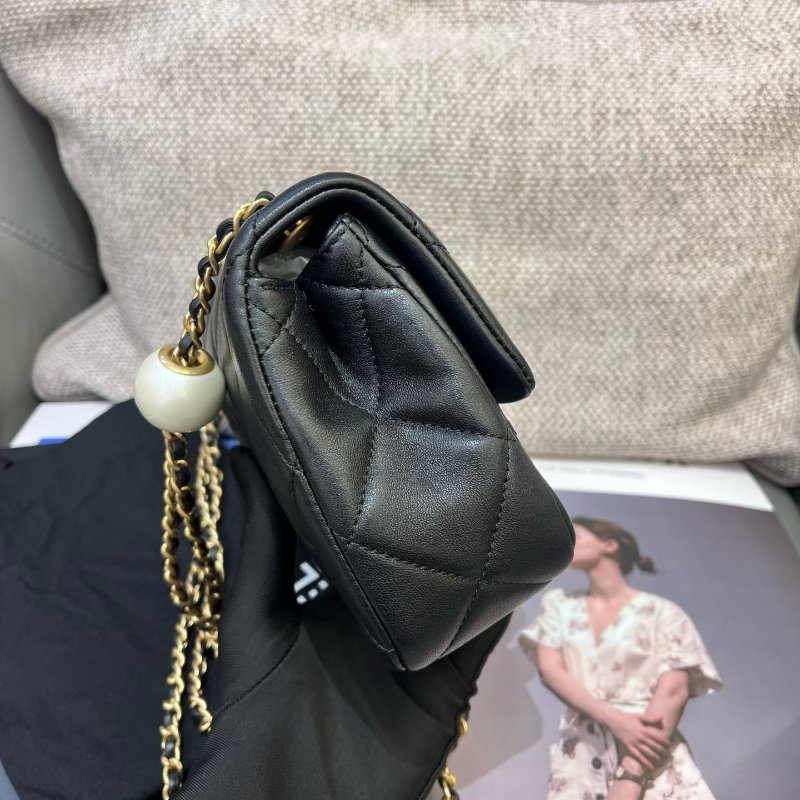 芯片款 香奈兒/Chanel 黑金羊皮雙珍珠湯圓大mini方胖子鏈條包-2