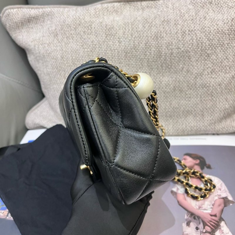 芯片款 香奈兒/Chanel 黑金羊皮雙珍珠湯圓大mini方胖子鏈條包-3