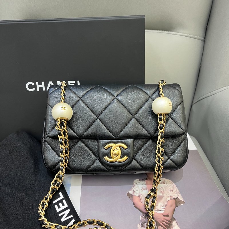 芯片款 香奈兒/Chanel 黑金羊皮雙珍珠湯圓大mini方胖子鏈條包-5