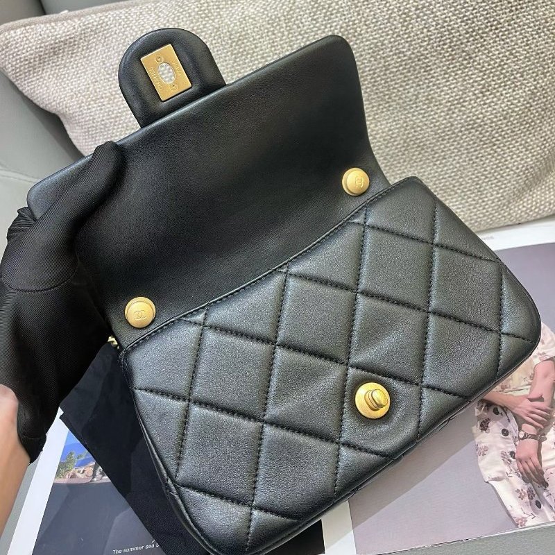 芯片款 香奈兒/Chanel 黑金羊皮雙珍珠湯圓大mini方胖子鏈條包-8