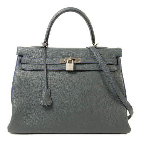 HERMES Clemence皮革Kelly 32銀扣手挽袋Bleu Orage/Bleu Electrique