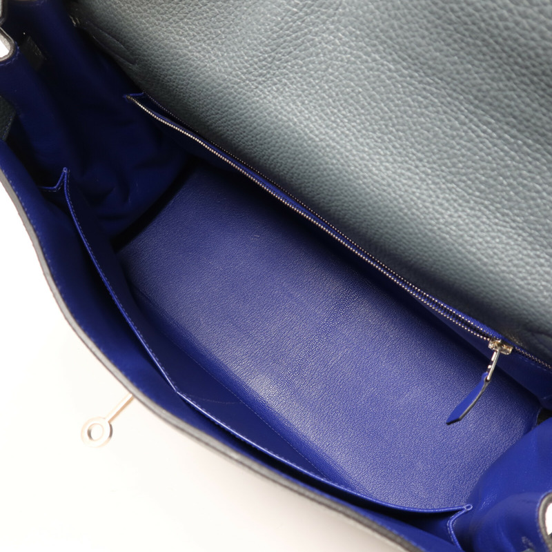 HERMES Clemence皮革Kelly 32銀扣手挽袋Bleu Orage/Bleu Electrique-4