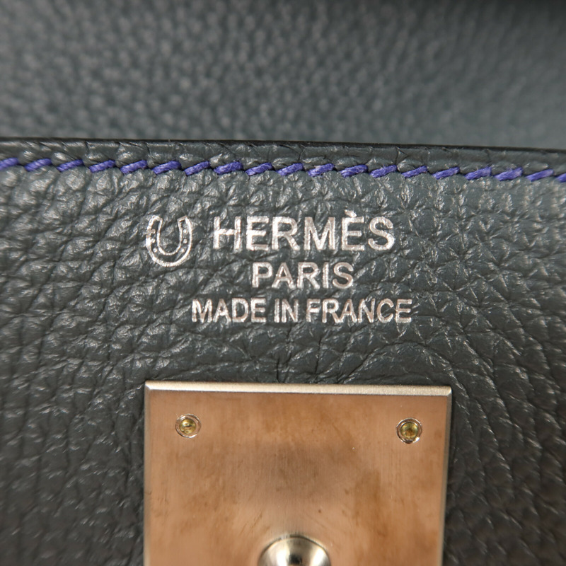 HERMES Clemence皮革Kelly 32銀扣手挽袋Bleu Orage/Bleu Electrique-5