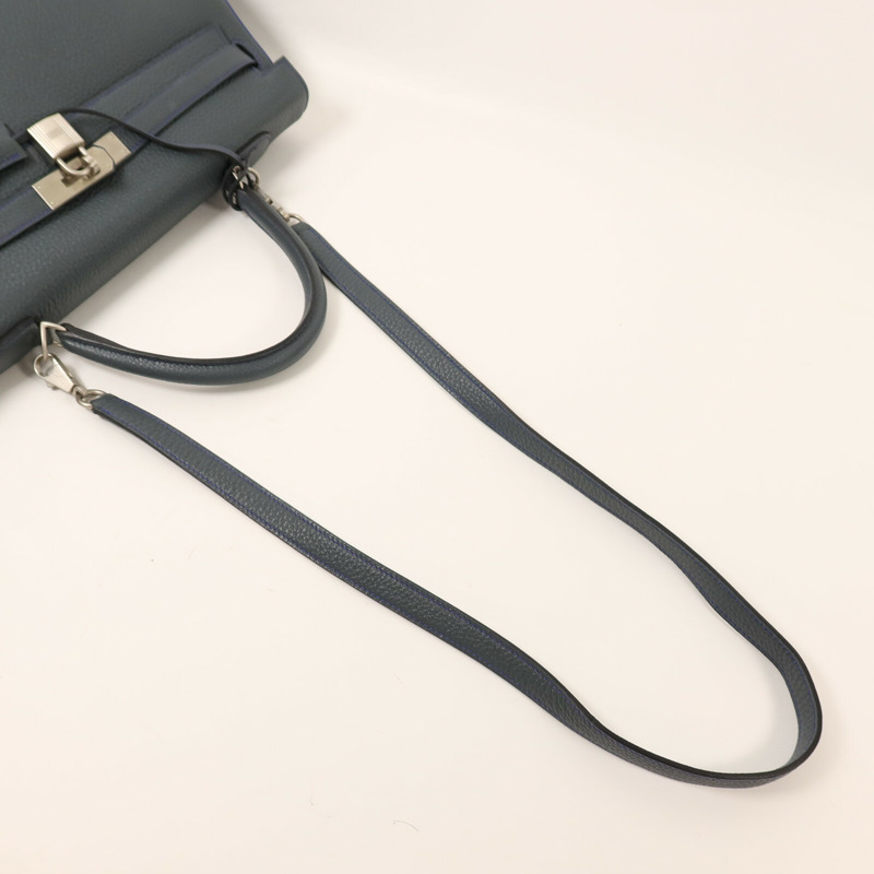 HERMES Clemence皮革Kelly 32銀扣手挽袋Bleu Orage/Bleu Electrique-8