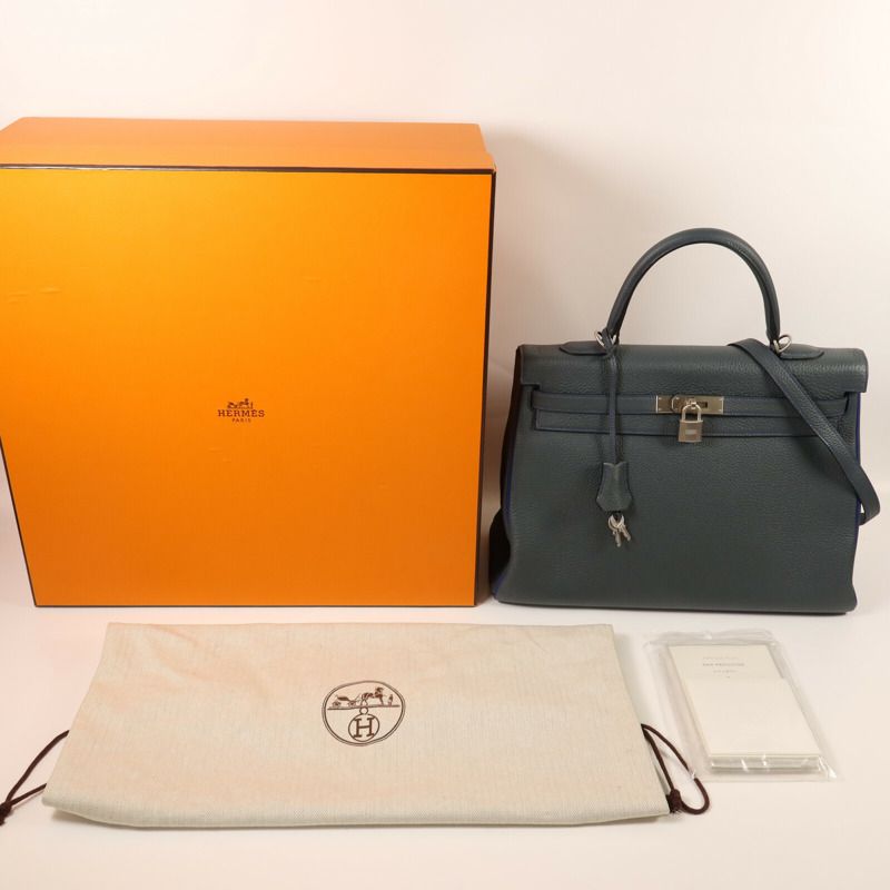 HERMES Clemence皮革Kelly 32銀扣手挽袋Bleu Orage/Bleu Electrique-9