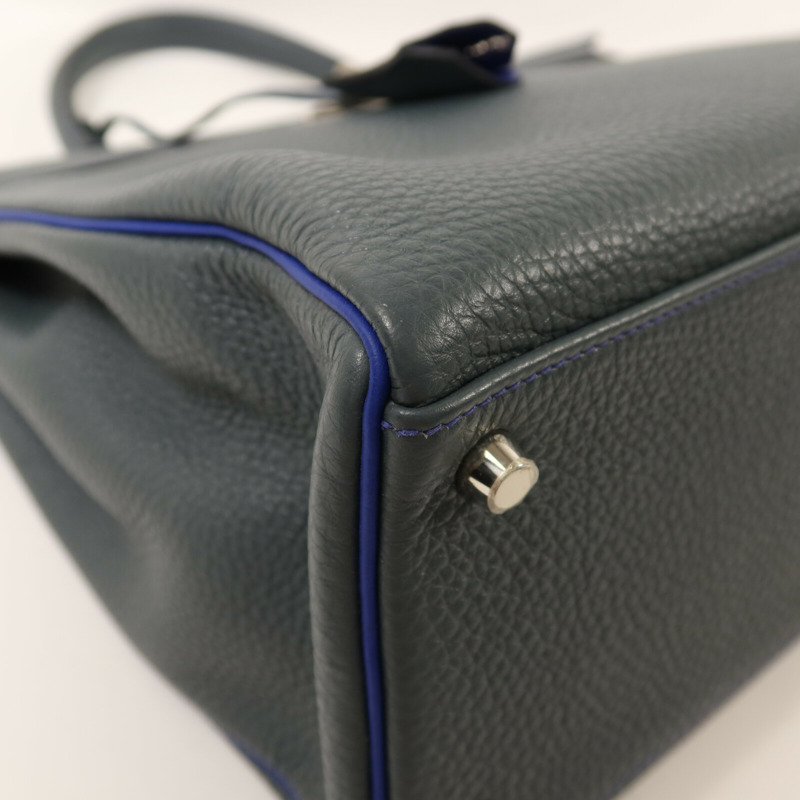 HERMES Clemence皮革Kelly 32銀扣手挽袋Bleu Orage/Bleu Electrique-10