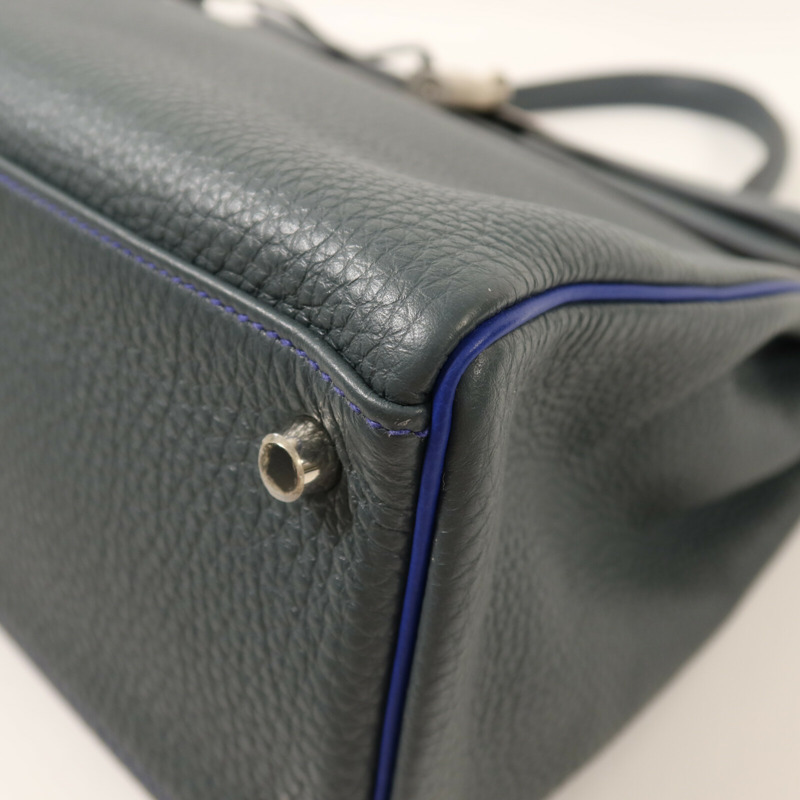 HERMES Clemence皮革Kelly 32銀扣手挽袋Bleu Orage/Bleu Electrique-11