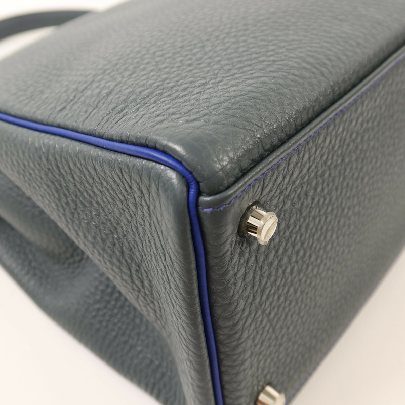 HERMES Clemence皮革Kelly 32銀扣手挽袋Bleu Orage/Bleu Electrique-12