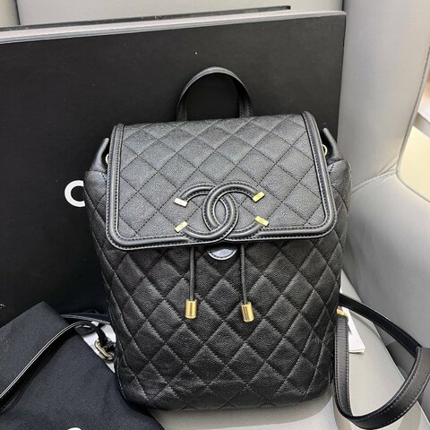 香奈兒/Chanel 黑金菱格vanity case荔枝紋小號雙肩包