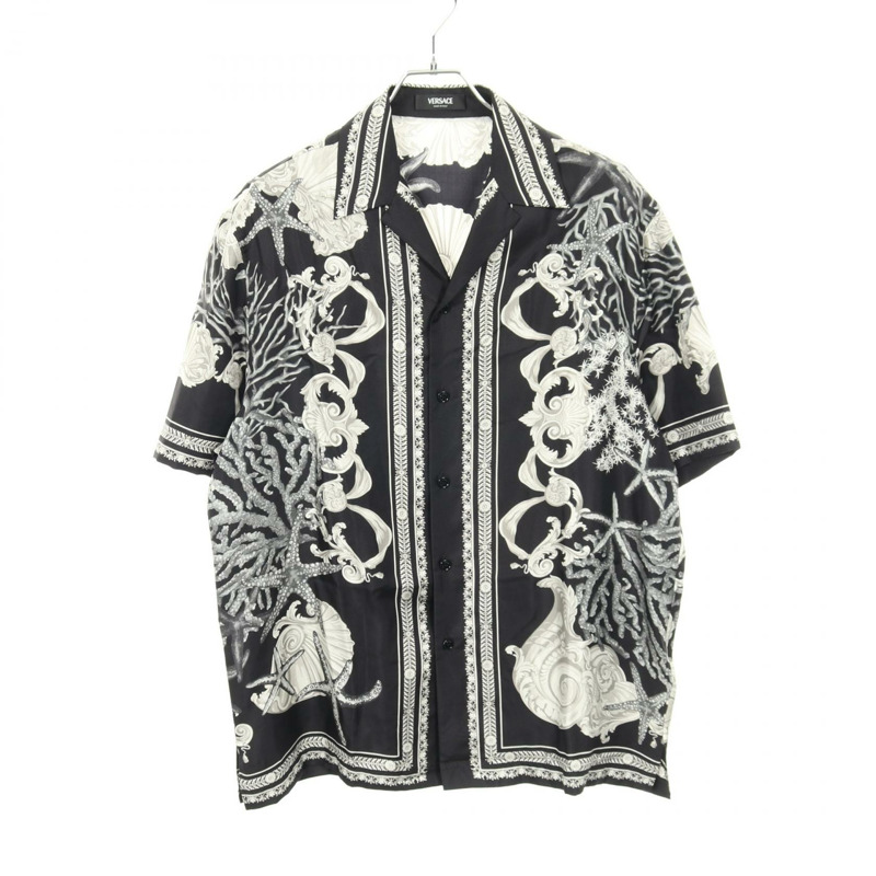 范思哲 Barocco Sea 襯衫短袖上衣 #48 絲質黑色灰色二手男款-0