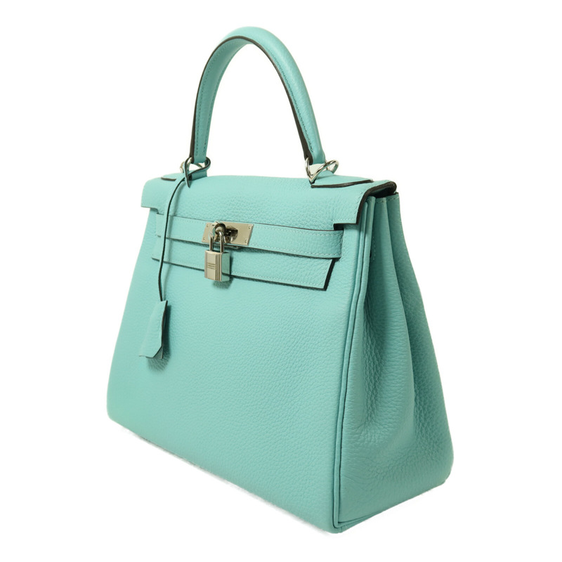 HERMES Togo皮革Kelly 28銀扣手挽肩背兩用袋Bleu Atoll-2