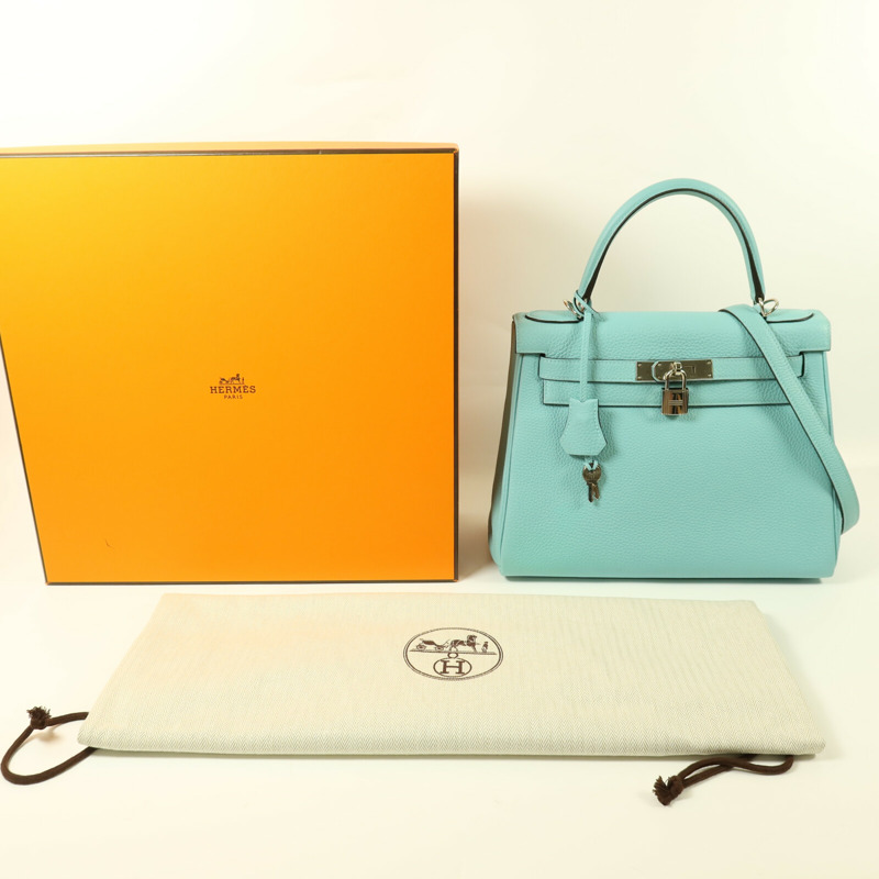 HERMES Togo皮革Kelly 28銀扣手挽肩背兩用袋Bleu Atoll-9