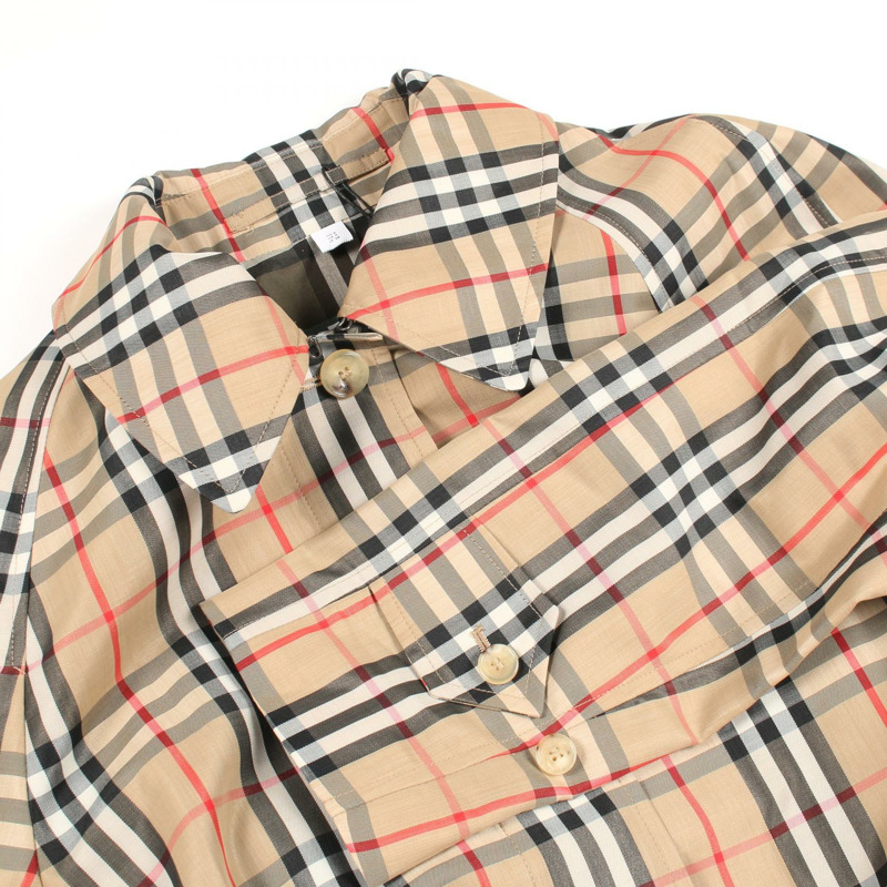 博柏利 (BURBERRY) Nova 格紋不銹鋼領大衣，棉滌混紡，米色，二手，女款，英國尺碼 6-6