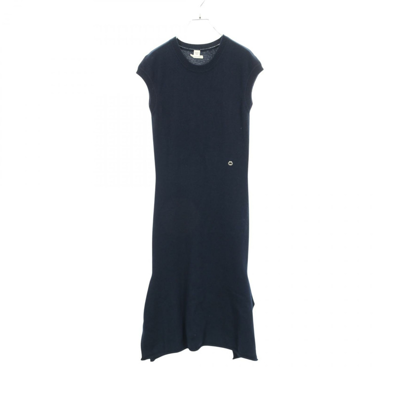 愛馬仕 Sellier 紐帶連身裙,無袖,38 號,棉羊絨混紡,海軍藍,二手女款-0