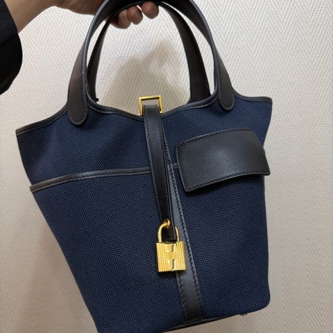Hermes 深藍帆布拼黑牛皮金釦Picotin 18